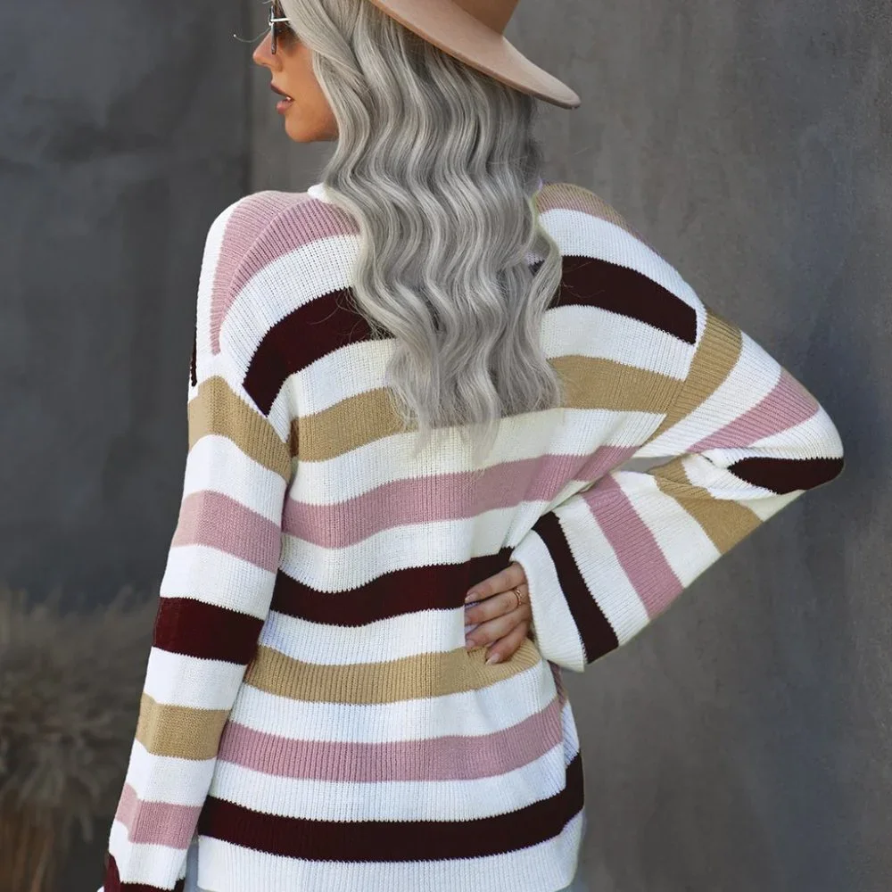 Pink Casual Loose Bell Sleeves Striped Knit Sweater - Picture 2 of 15